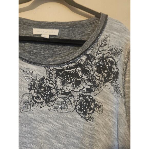 Laura Ashley Shirt Top XL Womens Gray Floral Sleeves Pull On Rhinestones - Picture 2 of 5